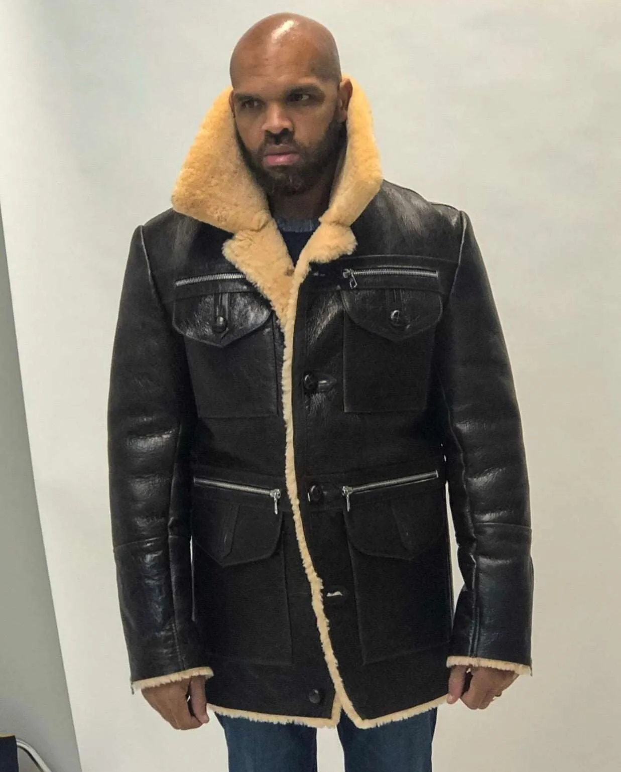 Men's Brown 3/4 Cockpit Style Shearling with Tan Interior Wool