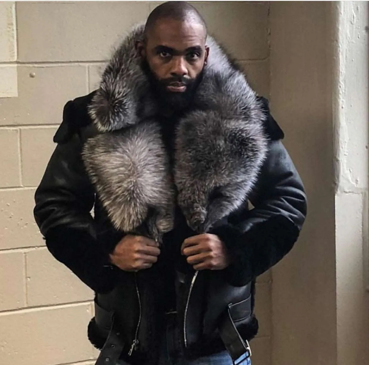 Men's Custom Made Black Napa Biker Sheepskin Jacket with Silver Fox Collar