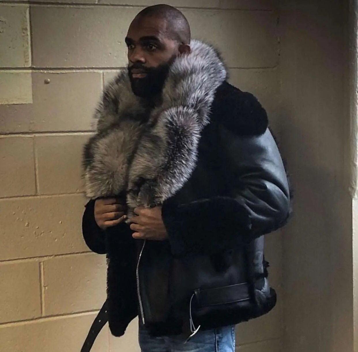 Men's Custom Made Black Napa Biker Sheepskin Jacket with Silver Fox Collar