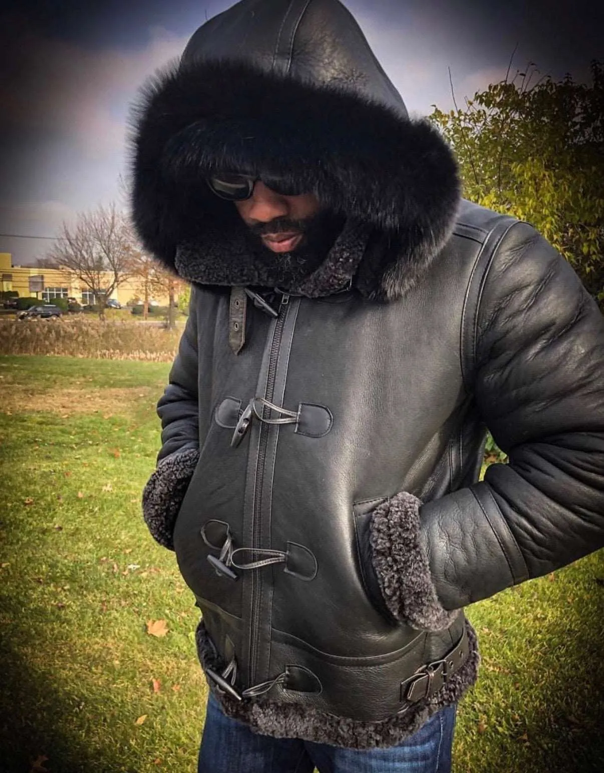 Men's Custom Made Black Napa Sheepskin with Fox Fur Hood