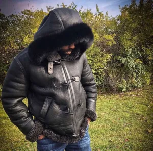 Men's Custom Made Black Napa Sheepskin with Fox Fur Hood