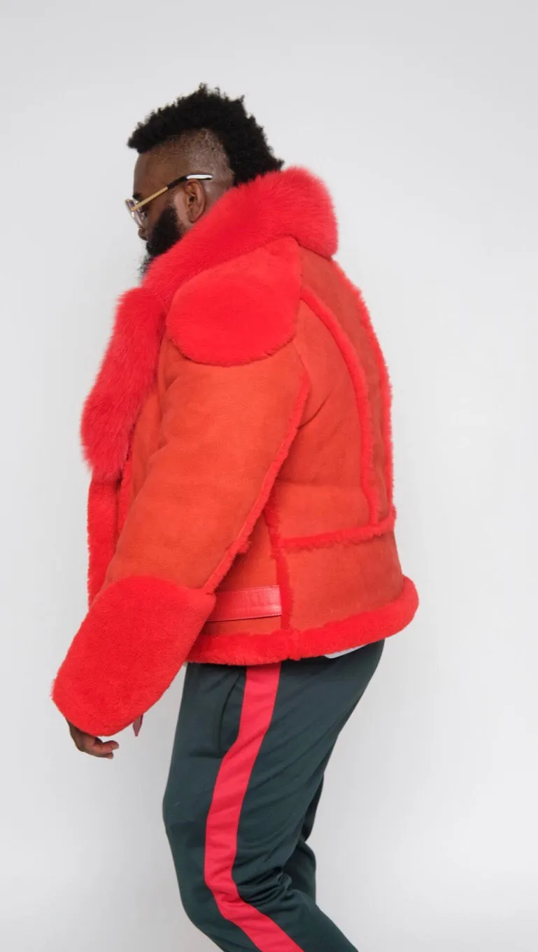 Men's Custom Made Red Suede Biker Shearling with Fox Fur Collar