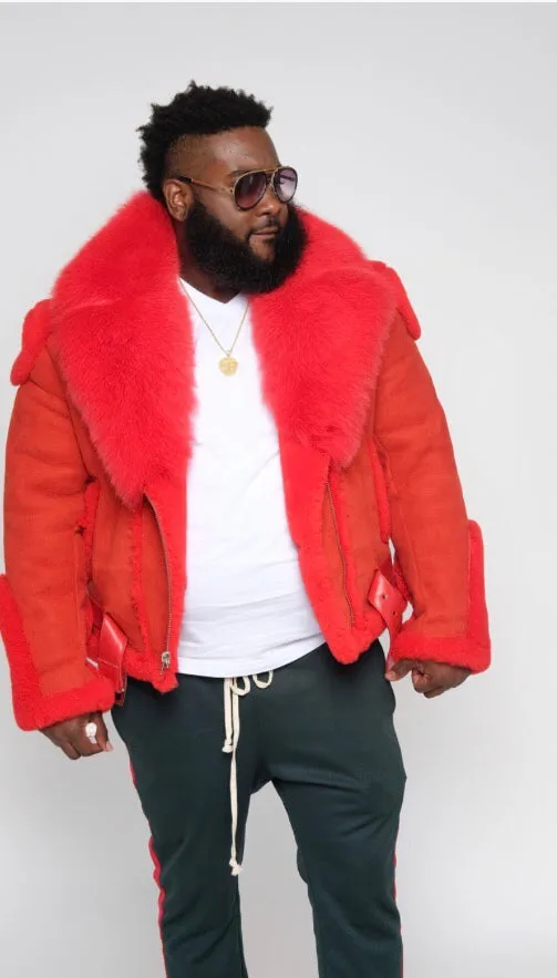 Men's Custom Made Red Suede Biker Shearling with Fox Fur Collar