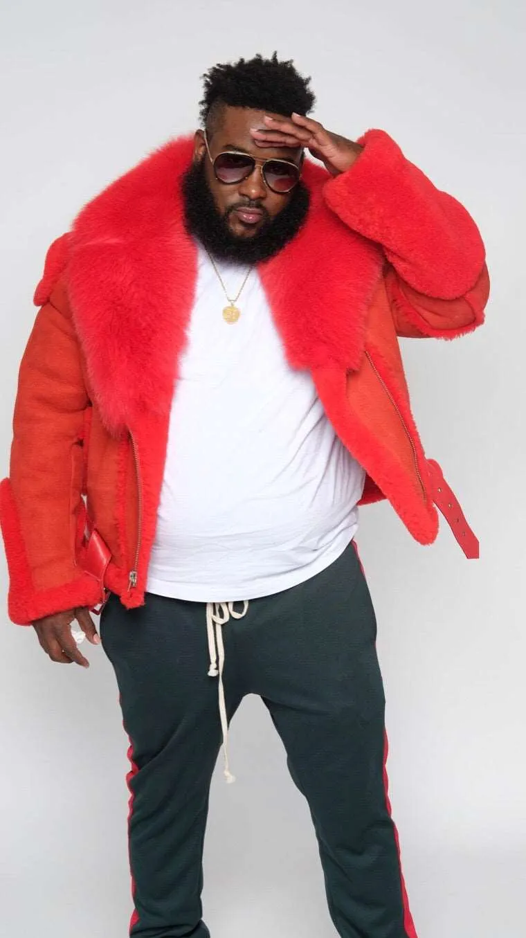 Men's Custom Made Red Suede Biker Shearling with Fox Fur Collar