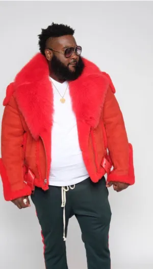 Men's Custom Made Red Suede Biker Shearling with Fox Fur Collar