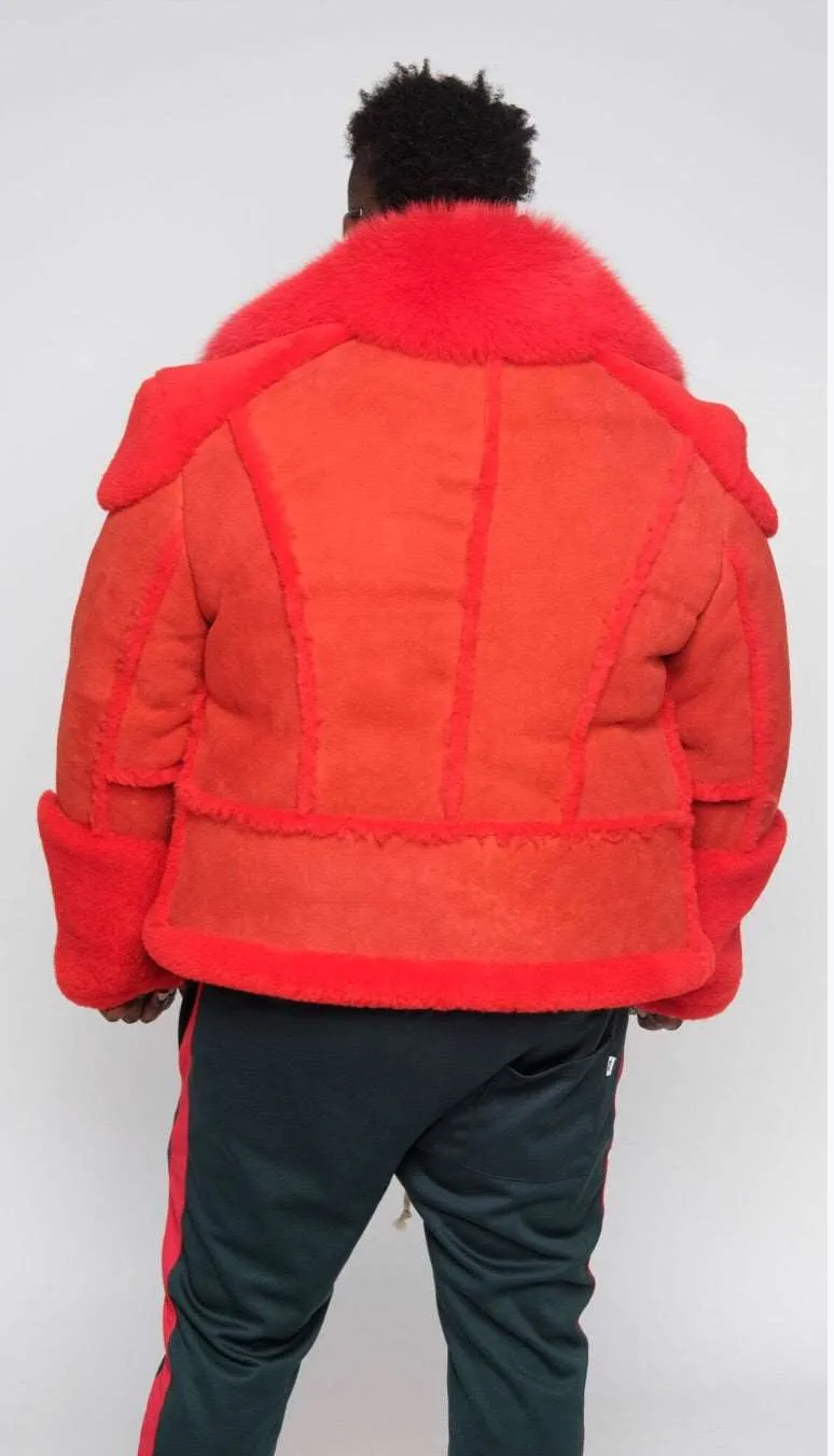 Men's Custom Made Red Suede Biker Shearling with Fox Fur Collar