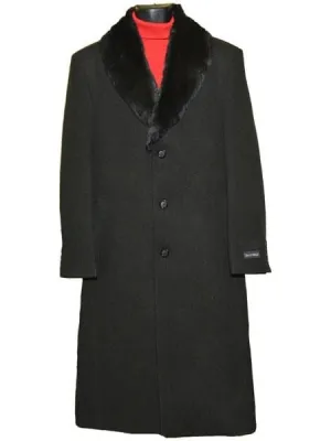 Men's Dress Coat Fur Collar Black 3 Buttons Wool Full Length Overcoats