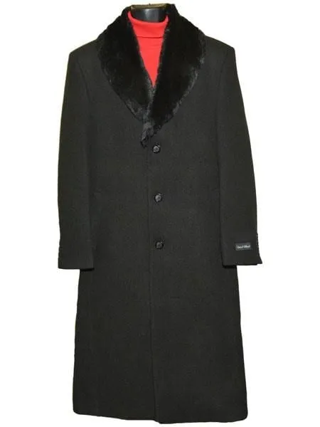 Men's Dress Coat Fur Collar Black 3 Buttons Wool Full Length Overcoats