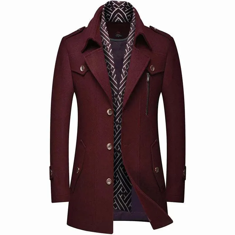 Men's Fashion Slim Fit Winter Wool Trench Coats Middle Long Jacket