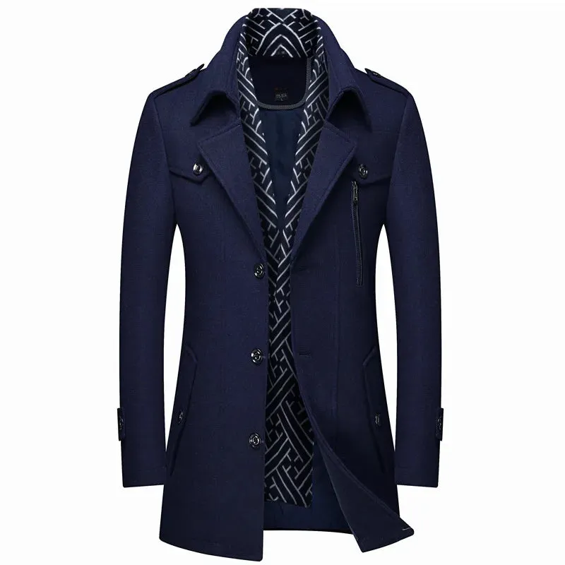 Men's Fashion Slim Fit Winter Wool Trench Coats Middle Long Jacket