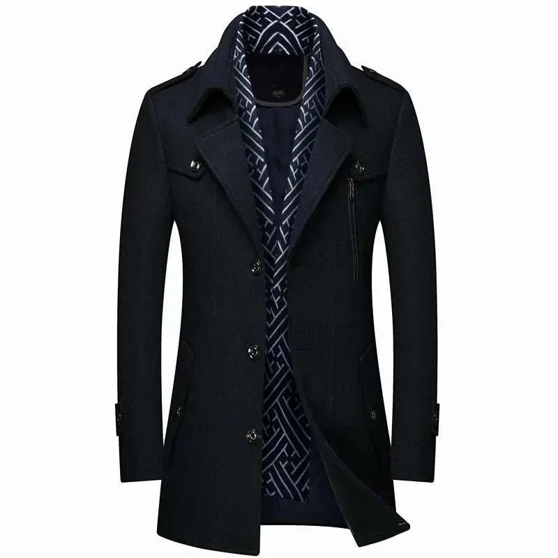 Men's Fashion Slim Fit Winter Wool Trench Coats Middle Long Jacket