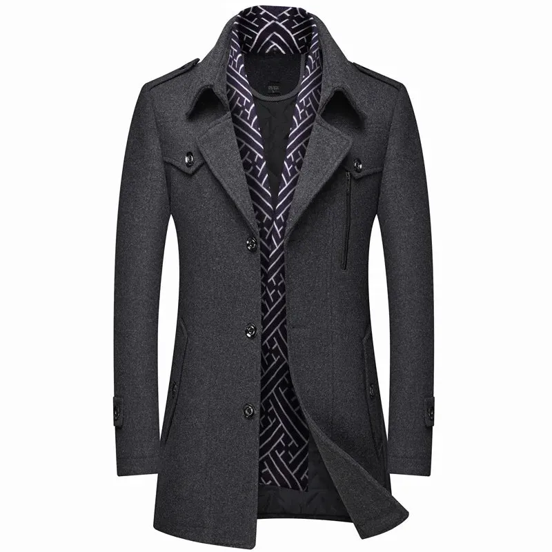 Men's Fashion Slim Fit Winter Wool Trench Coats Middle Long Jacket