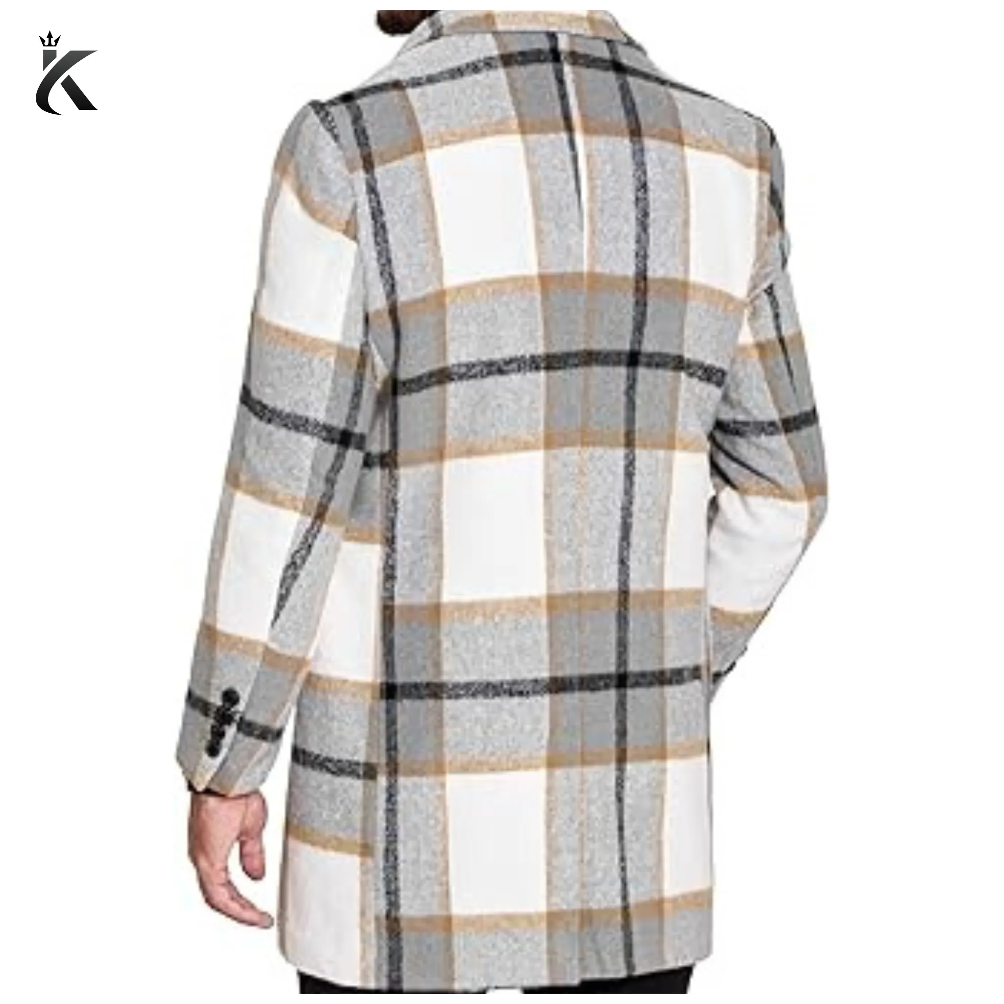 Men's Wool Blend Coat with Detachable Plaid Scarfs Notched Collar Single Breasted Pea Coat - Trench Overcoat