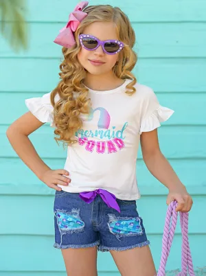 Mermaid Squad Patched Denim Shorts Set