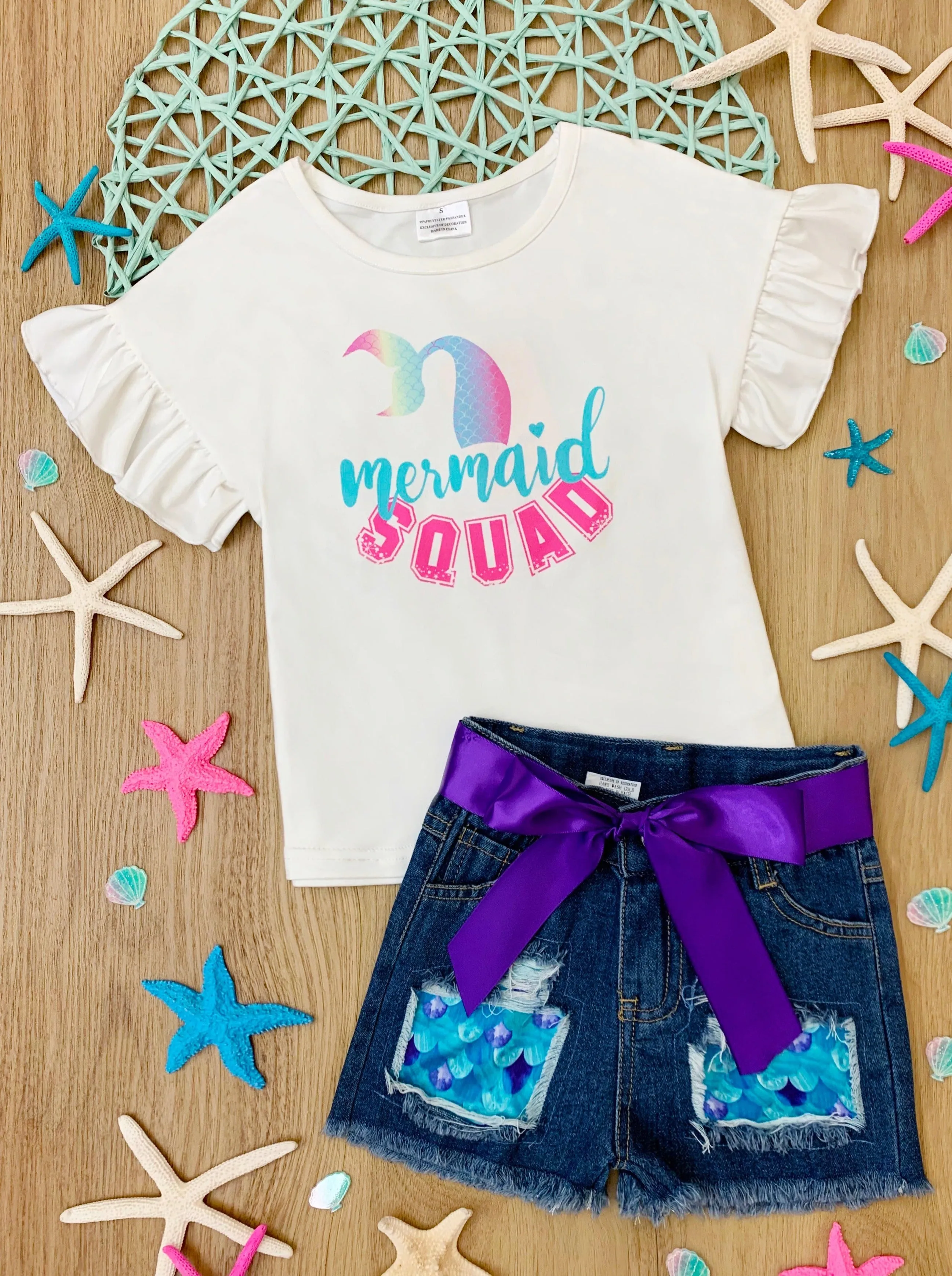 Mermaid Squad Patched Denim Shorts Set