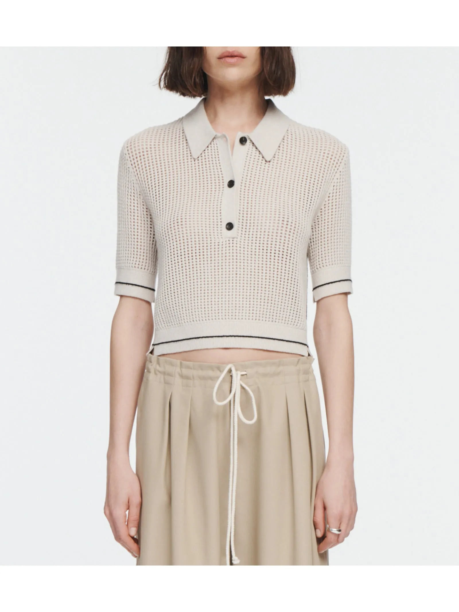 Mesh Shrunken Polo in Crema