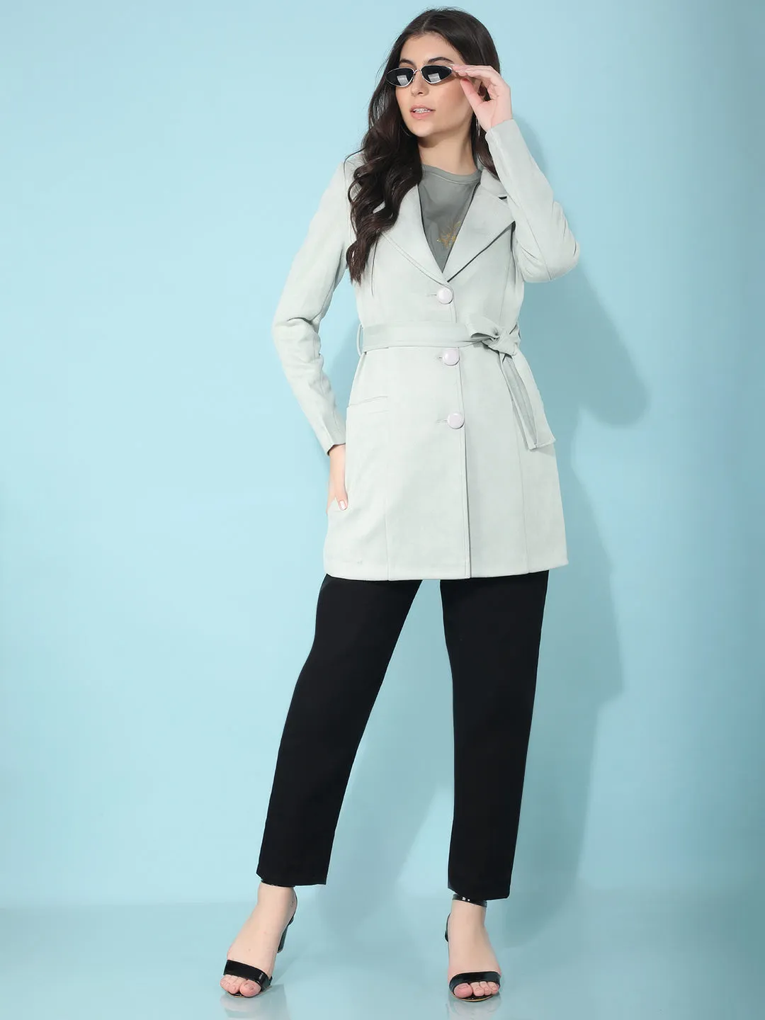 Mint Notched Lapel Collar Trench Coat