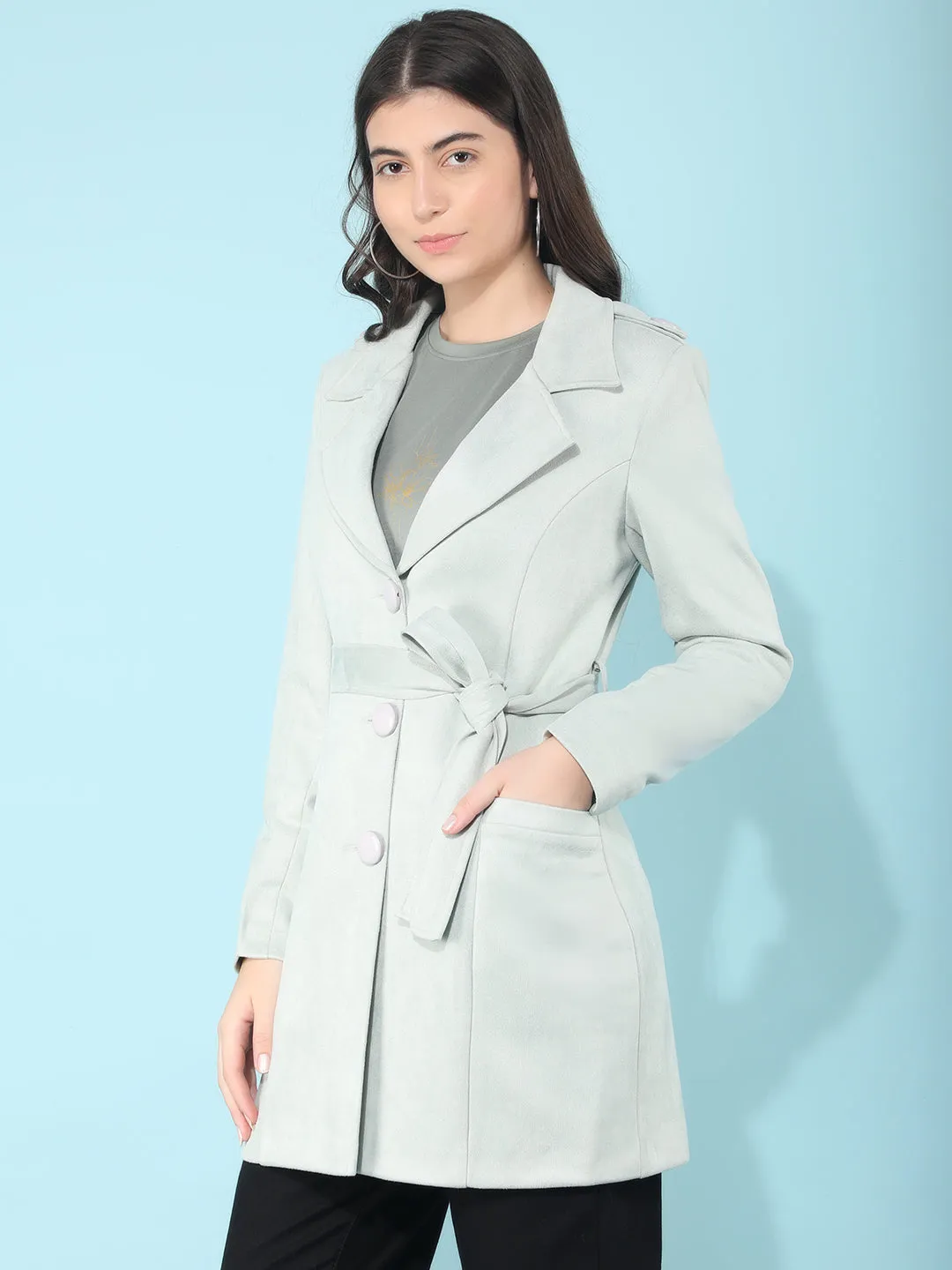 Mint Notched Lapel Collar Trench Coat