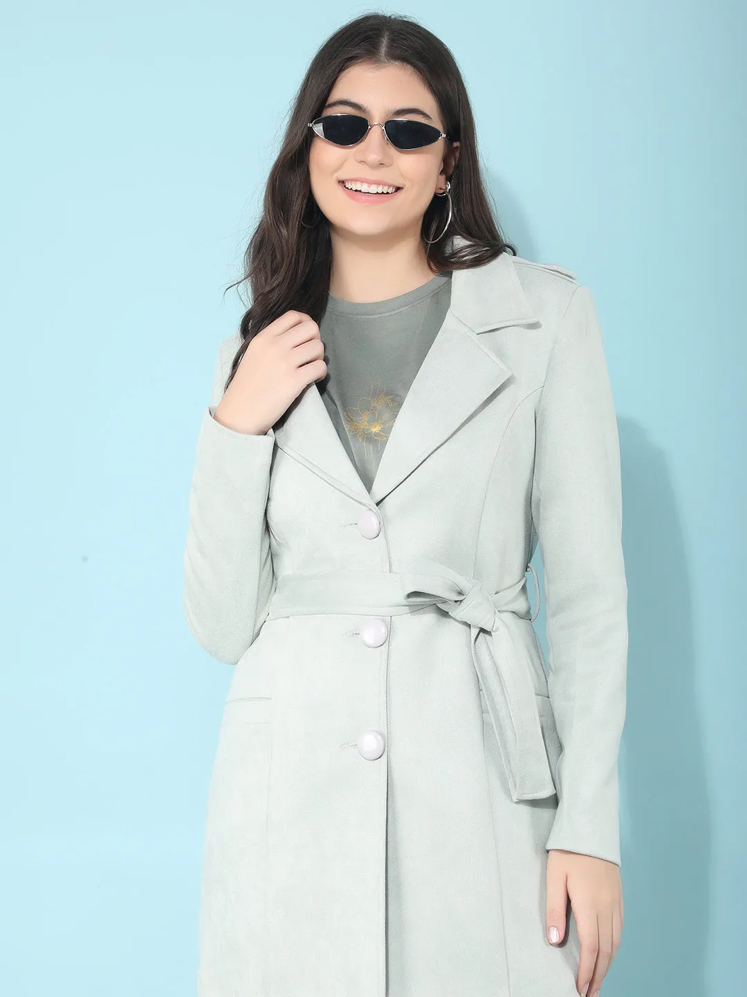 Mint Notched Lapel Collar Trench Coat