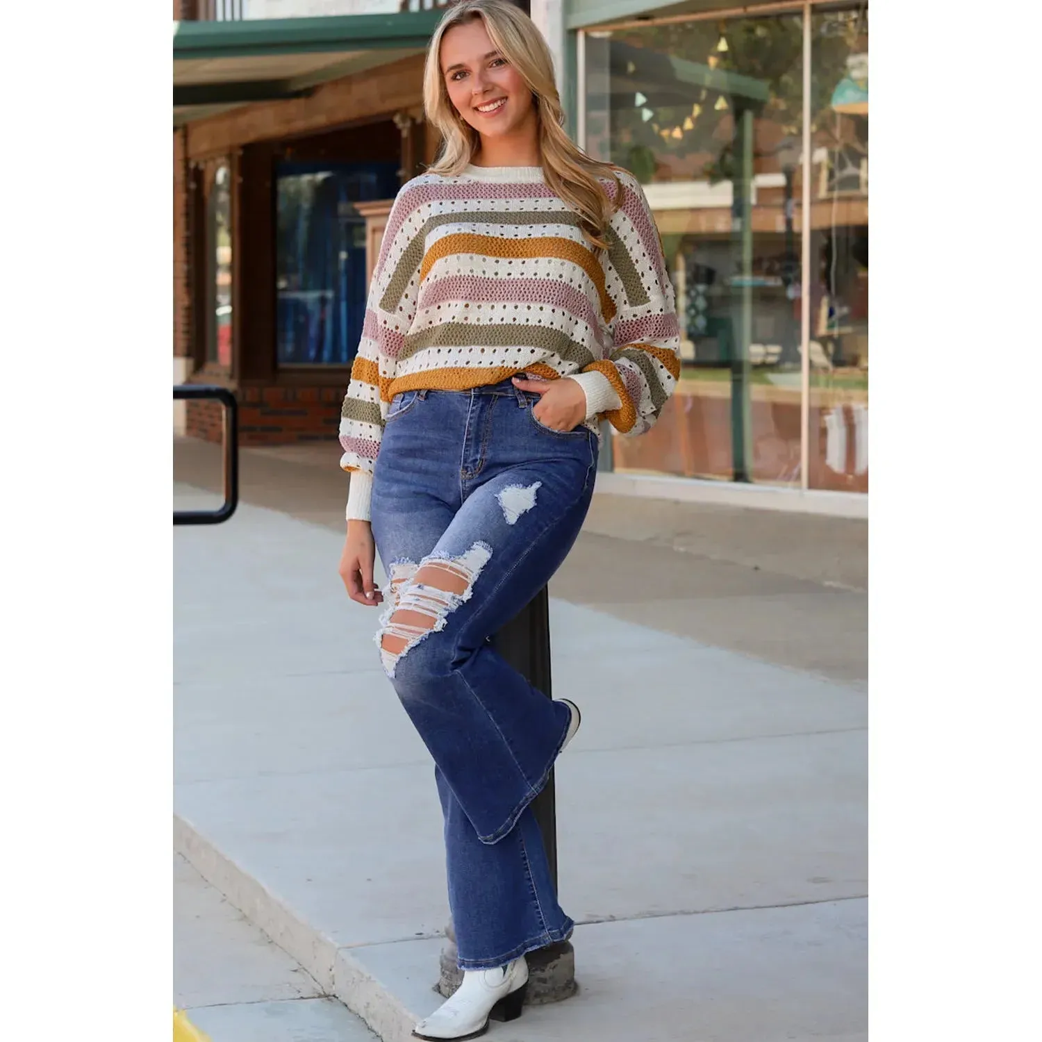 Multicolor Striped Hollowed Knitted Loose Sweater