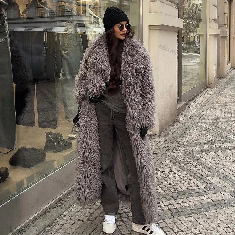 Neo Mint Extra Long Luxury Lamb Fur Teddy Coat Women 2024 Winter Ladies Mob Wife Style Oversized Chunky Faux Fur Jacket Overcoat