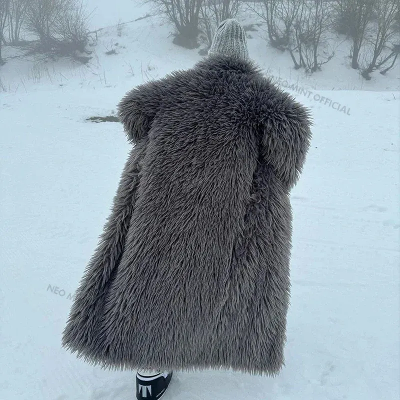 Neo Mint Extra Long Luxury Lamb Fur Teddy Coat Women 2024 Winter Ladies Mob Wife Style Oversized Chunky Faux Fur Jacket Overcoat