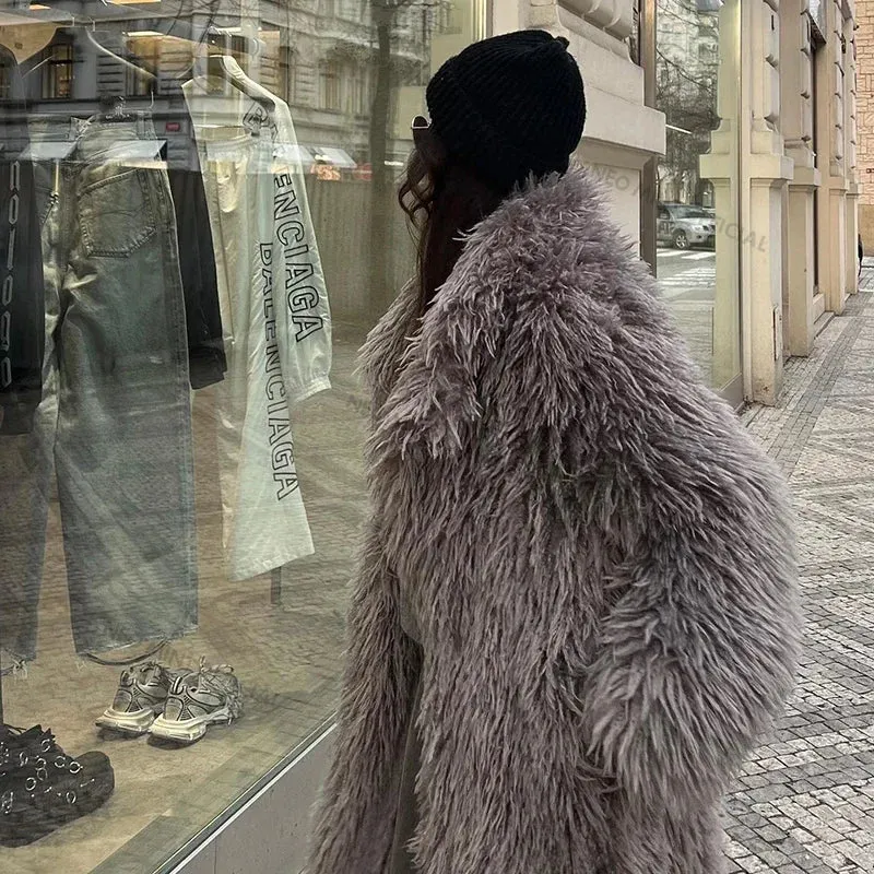 Neo Mint Extra Long Luxury Lamb Fur Teddy Coat Women 2024 Winter Ladies Mob Wife Style Oversized Chunky Faux Fur Jacket Overcoat