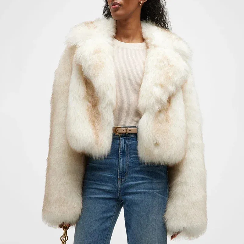 Neo Mint Luxury Brand Runway Fashion Yellow Gradient Cropped Fluffy Fur Jacket Coat Women Winter Thicken Faux Fox Fur Outerwear