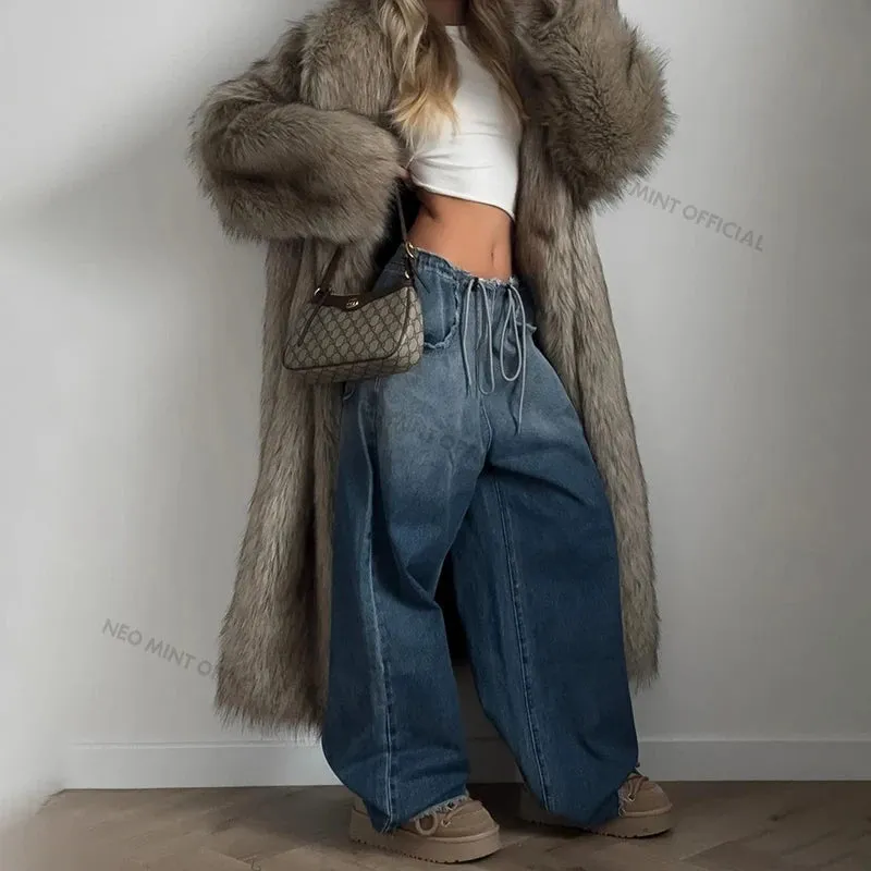 Neo Mint Luxury Mob Wife Aesthetic Long Faux Fur Coat Women Winter 2024 Fluffy Gradient Fox Fur Jacket Female Furry Overcoat