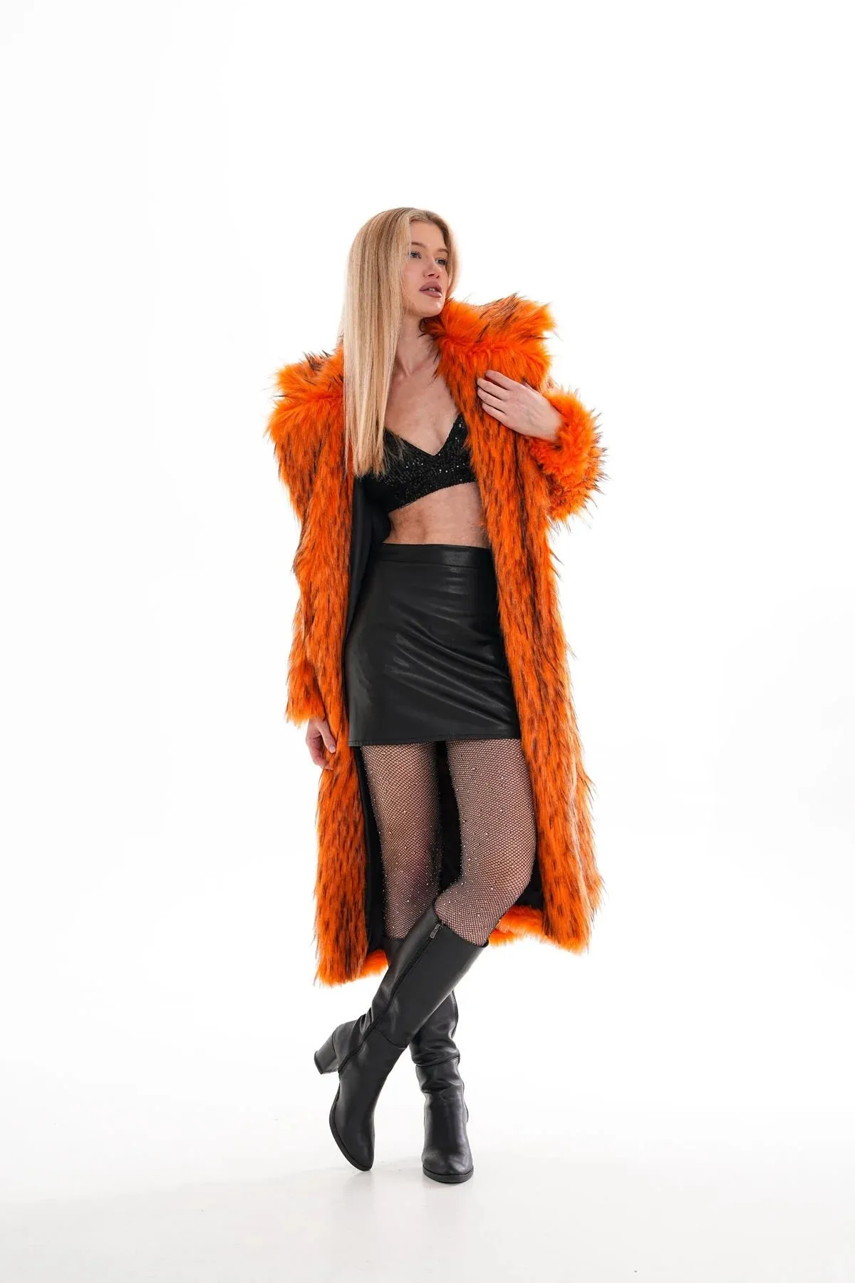 Oversize Orange Faux Fur Long Coat Luxury Faux Fur Coat