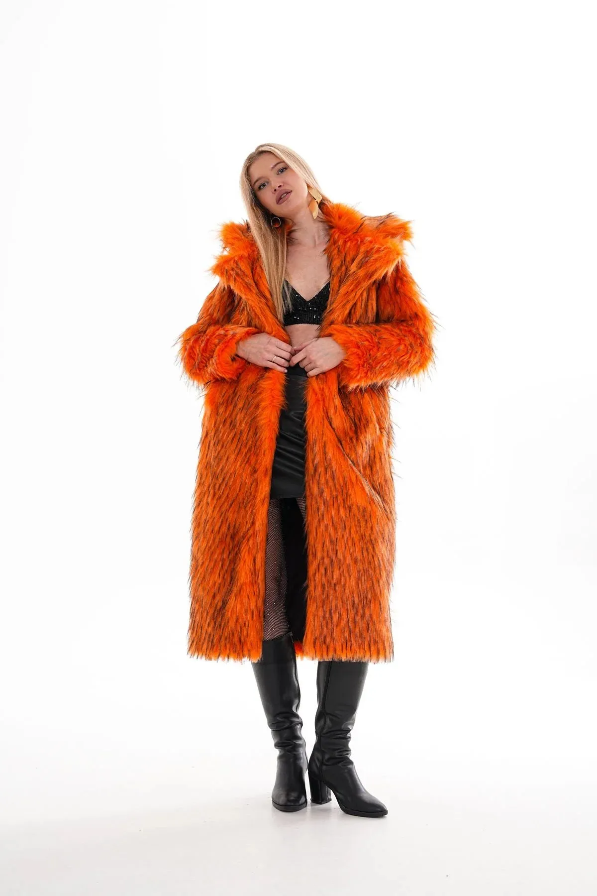 Oversize Orange Faux Fur Long Coat Luxury Faux Fur Coat