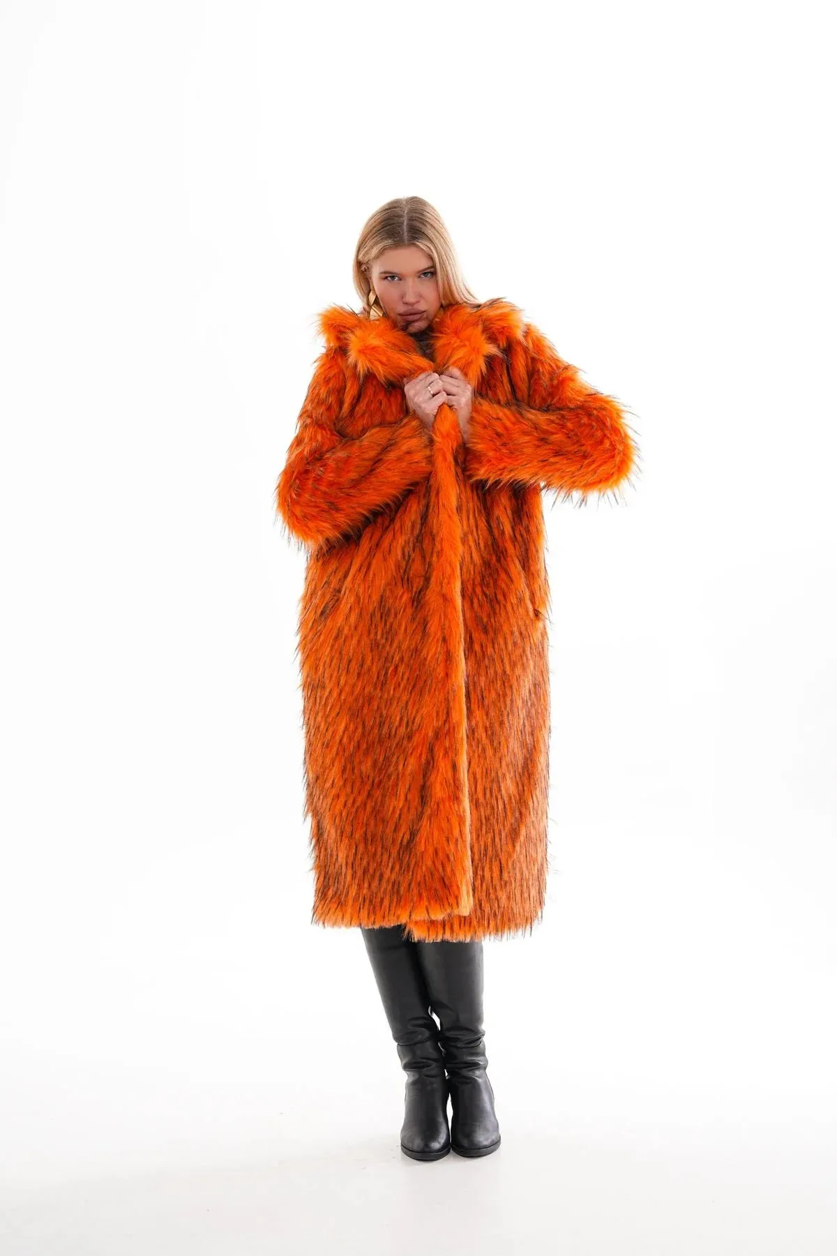 Oversize Orange Faux Fur Long Coat Luxury Faux Fur Coat