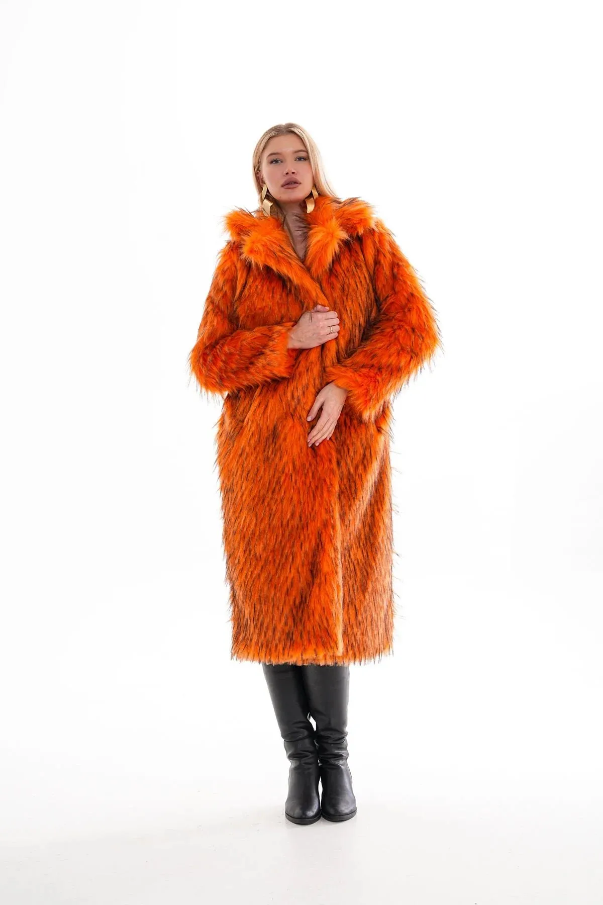 Oversize Orange Faux Fur Long Coat Luxury Faux Fur Coat