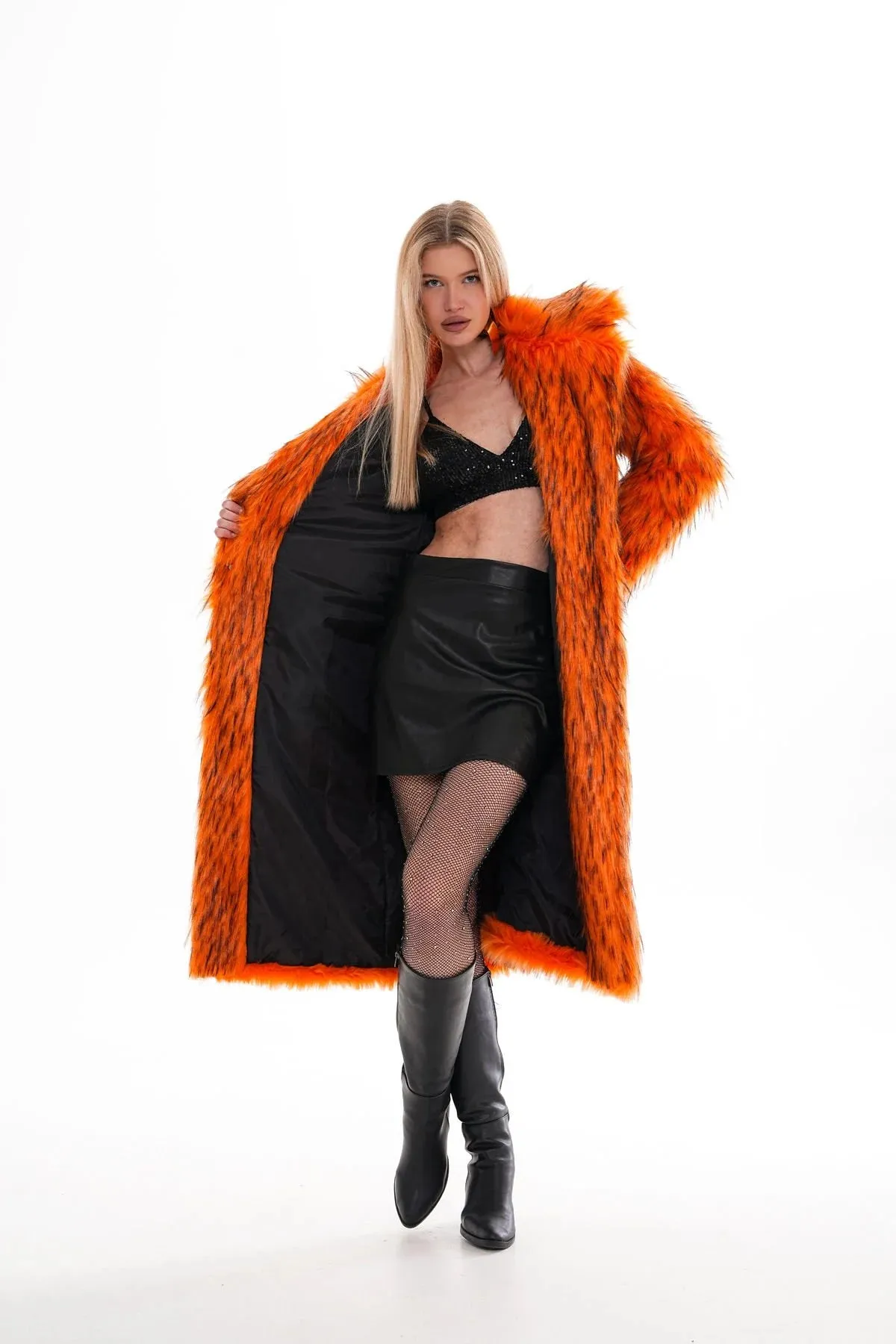 Oversize Orange Faux Fur Long Coat Luxury Faux Fur Coat