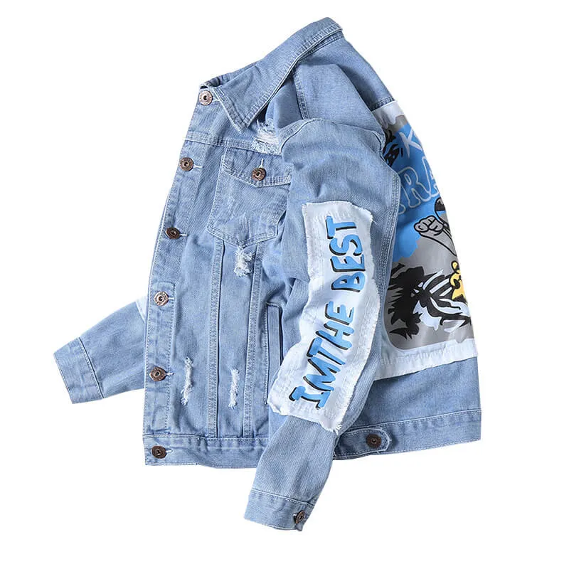 Patch Printed Men's Ripped Denim Jacket Jean Trucker Jacket