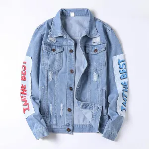 Patch Printed Men's Ripped Denim Jacket Jean Trucker Jacket