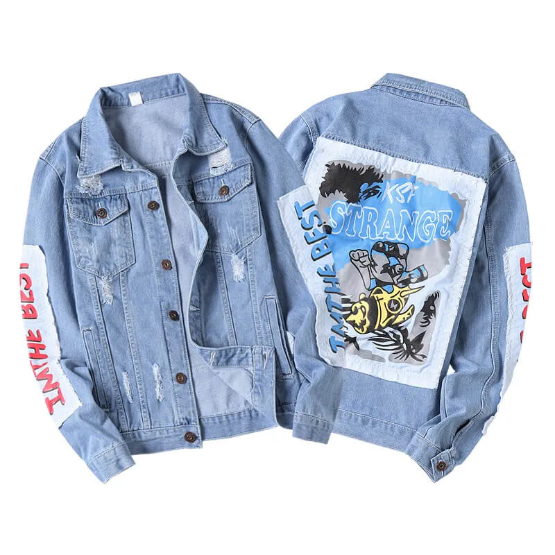Patch Printed Men's Ripped Denim Jacket Jean Trucker Jacket
