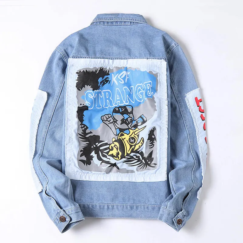 Patch Printed Men's Ripped Denim Jacket Jean Trucker Jacket