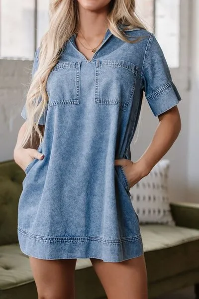 Patched Pocket Denim Mini Dress