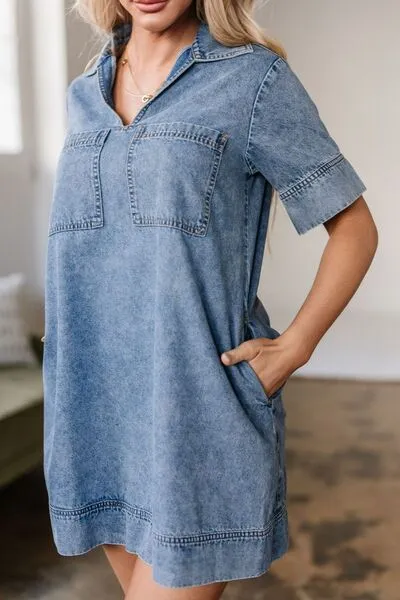 Patched Pocket Denim Mini Dress