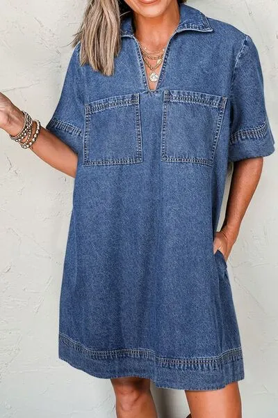 Patched Pocket Denim Mini Dress