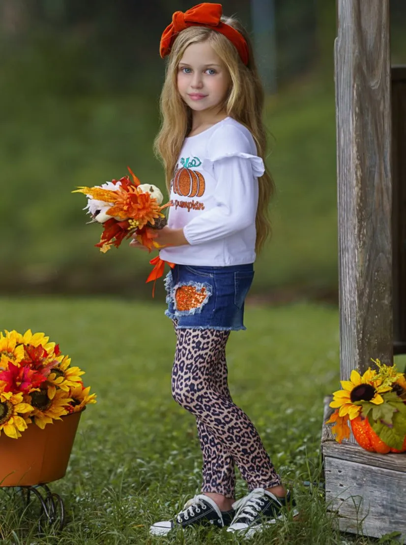 Peace, Love and Pumpkin Patched Denim Shorts and Legging Set