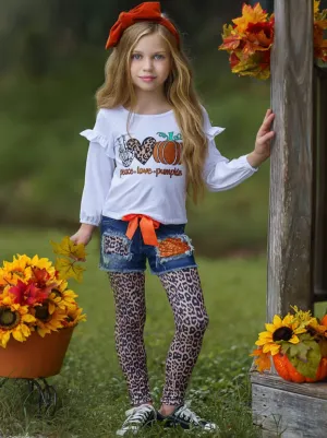 Peace, Love and Pumpkin Patched Denim Shorts and Legging Set
