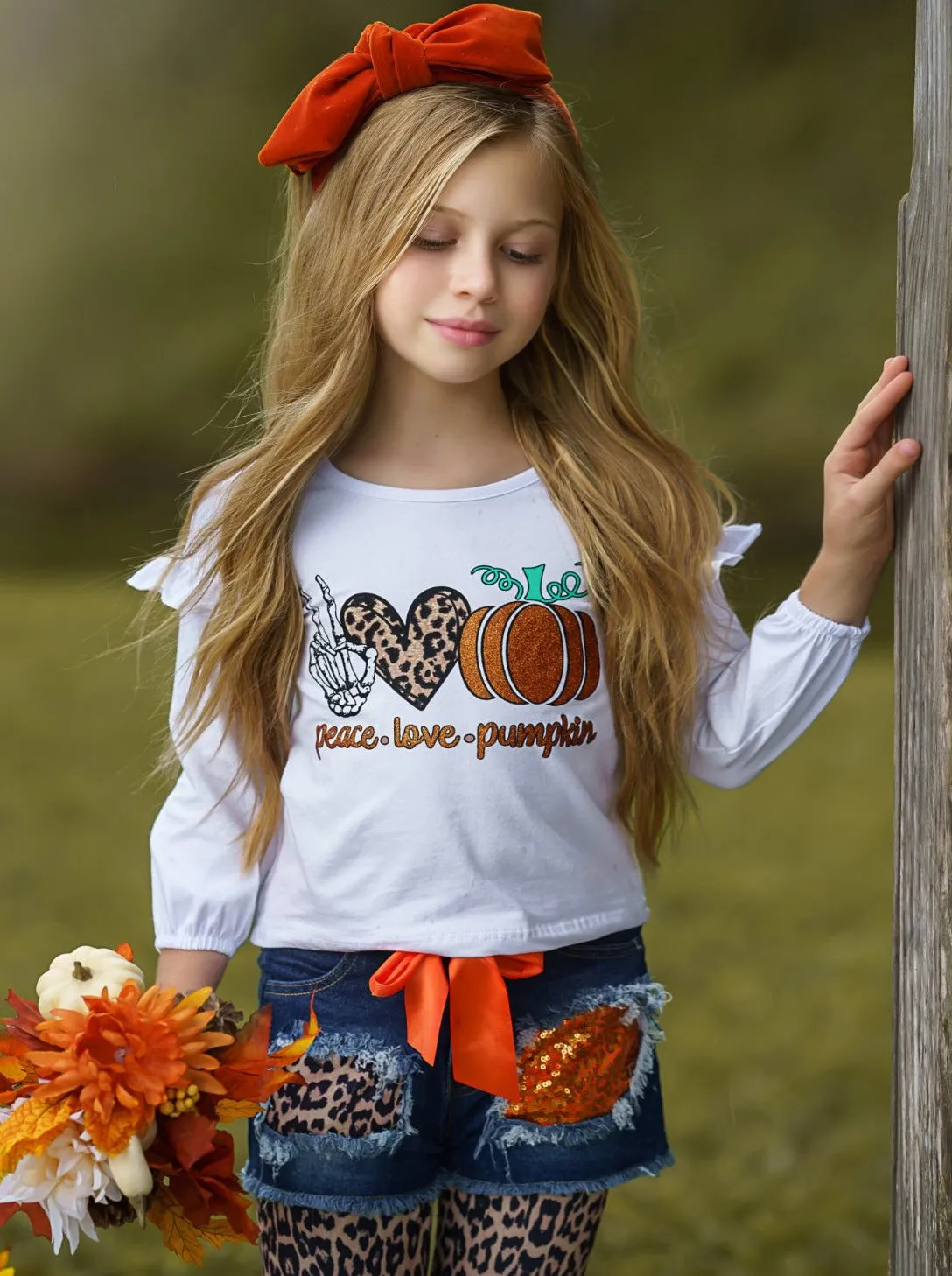 Peace, Love and Pumpkin Patched Denim Shorts and Legging Set