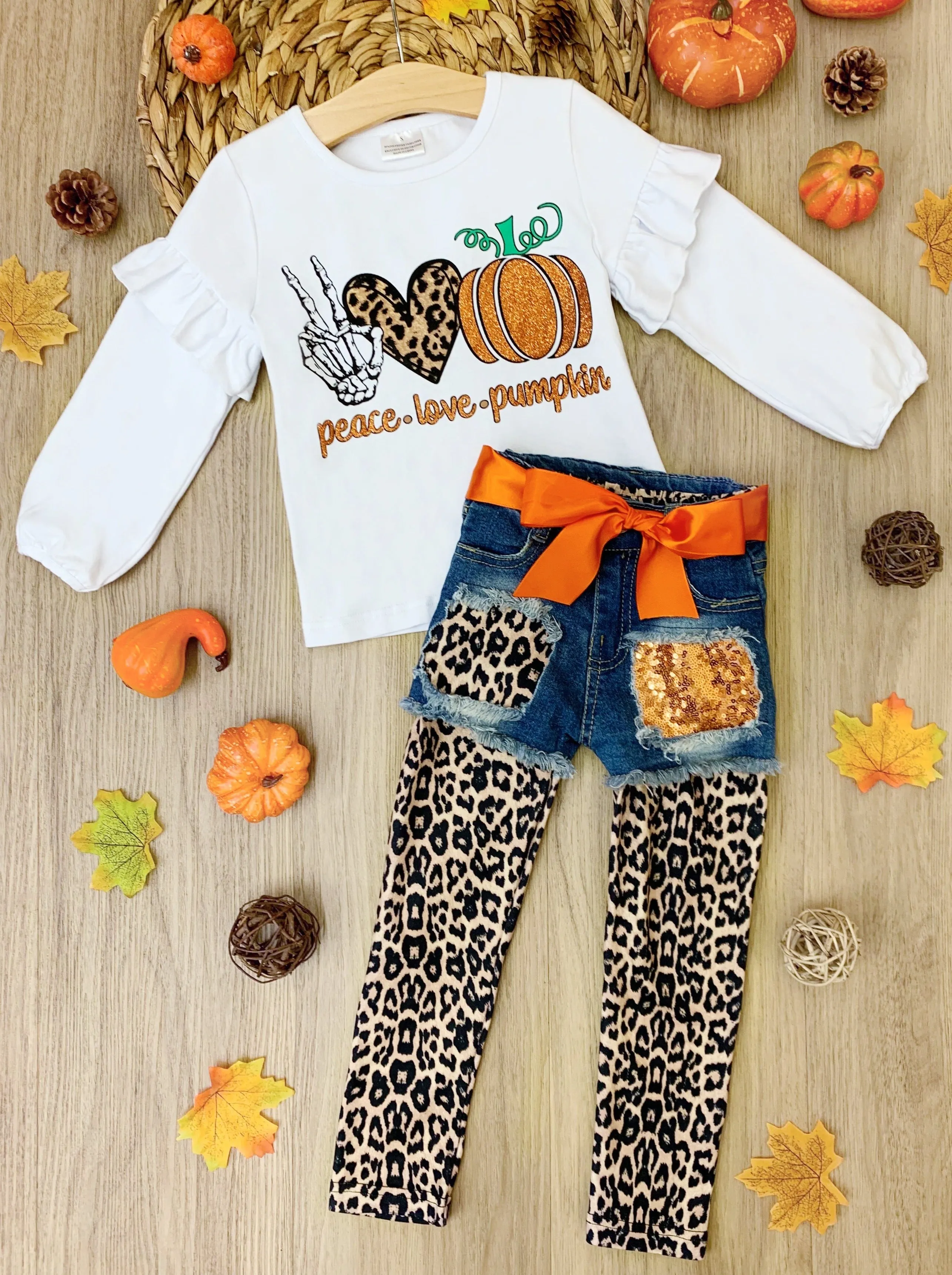 Peace, Love and Pumpkin Patched Denim Shorts and Legging Set