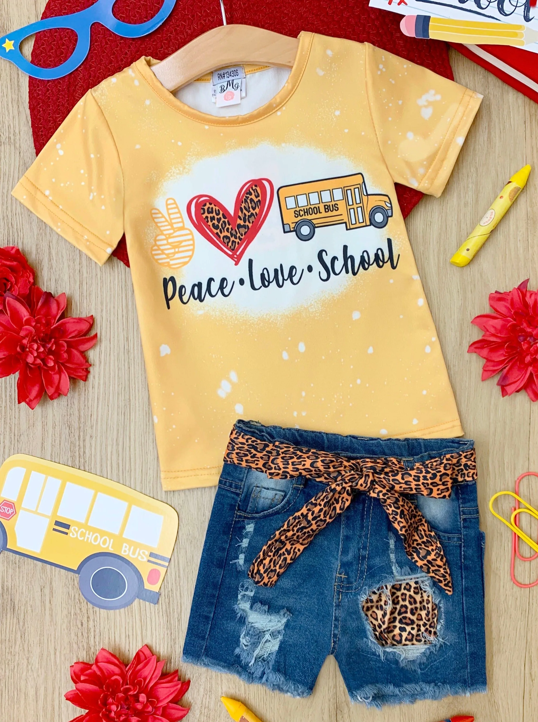 Peace, Love, School Leopard Patched Denim Short Set