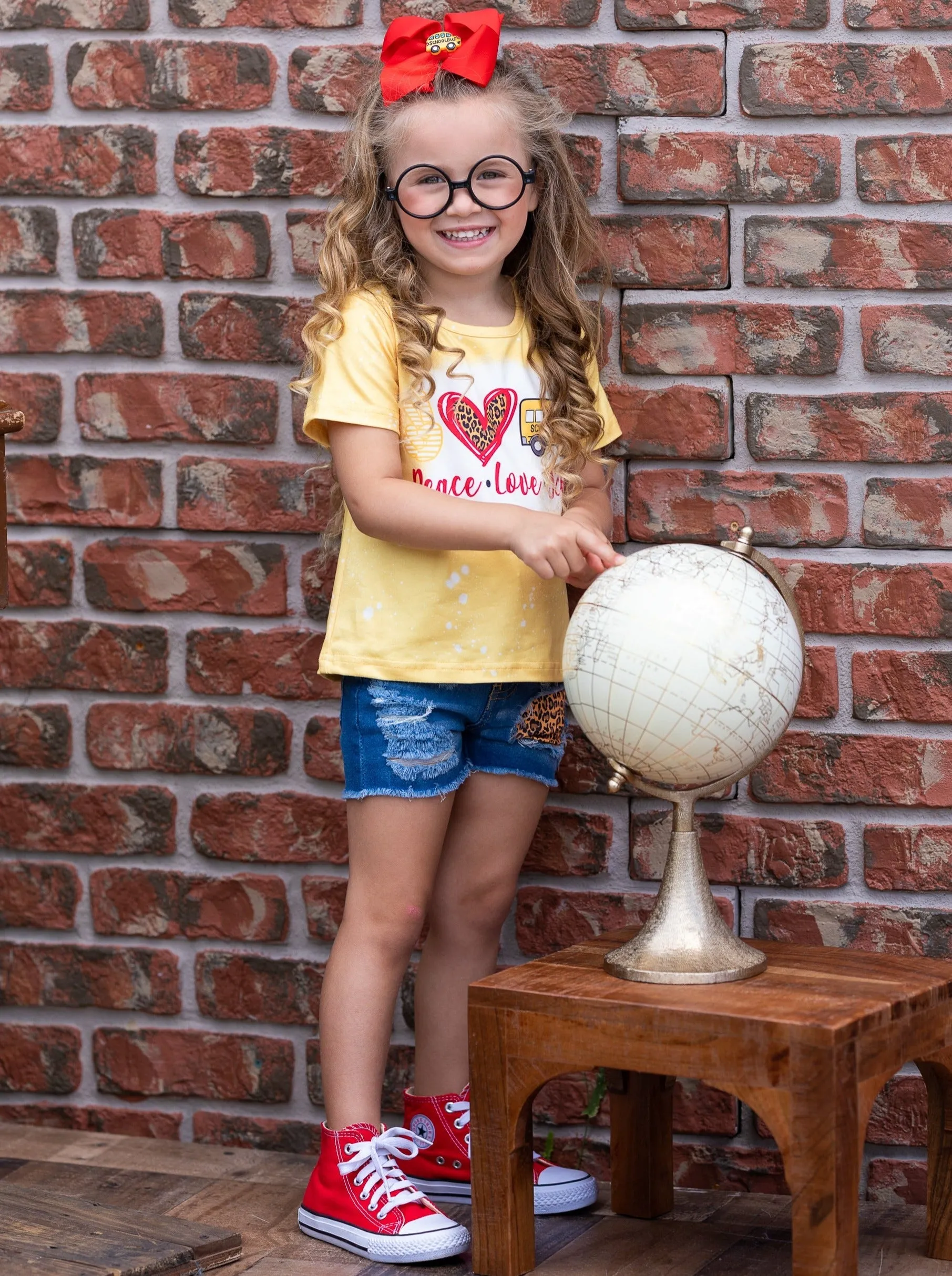Peace, Love, School Leopard Patched Denim Short Set