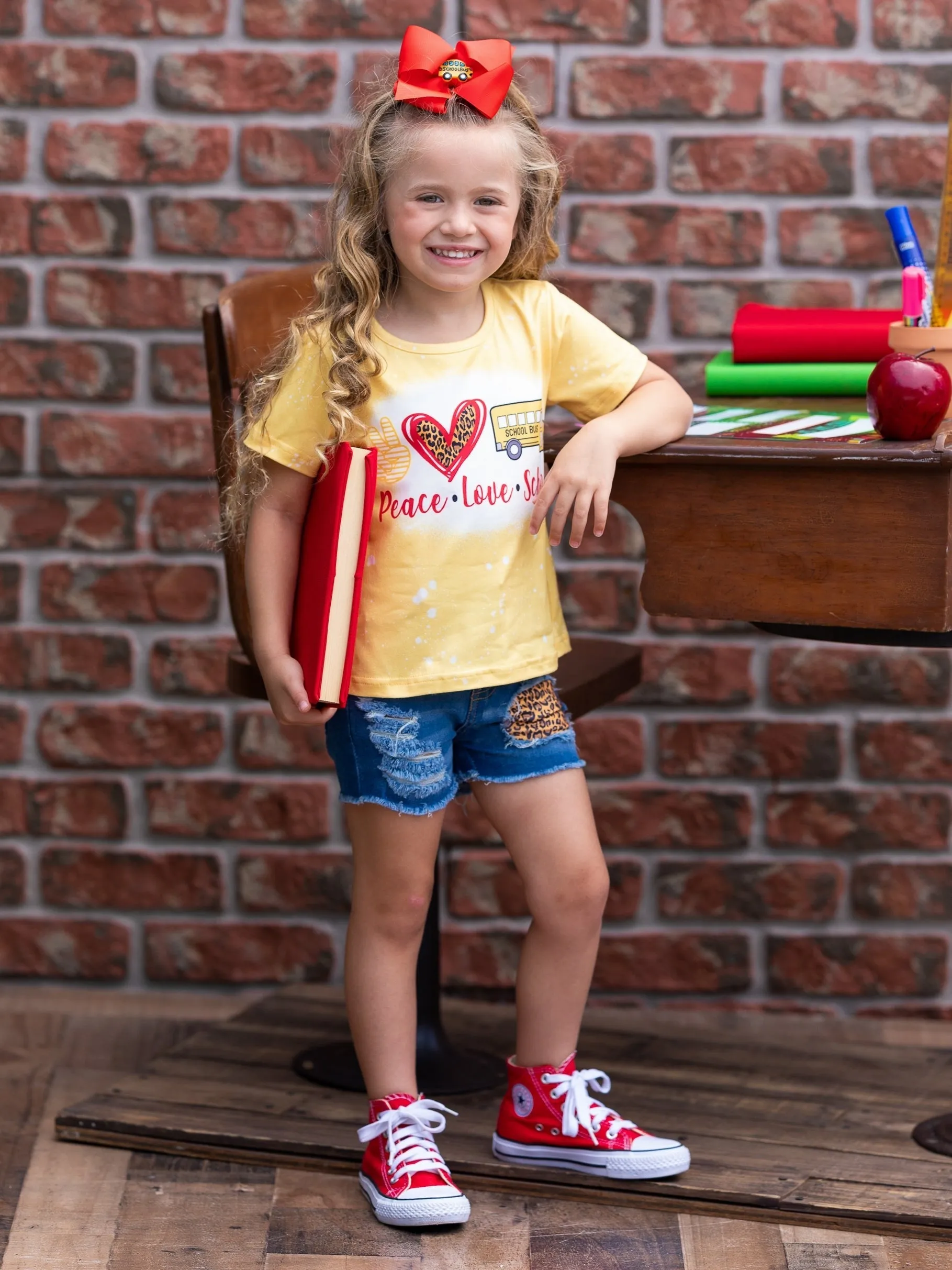Peace, Love, School Leopard Patched Denim Short Set