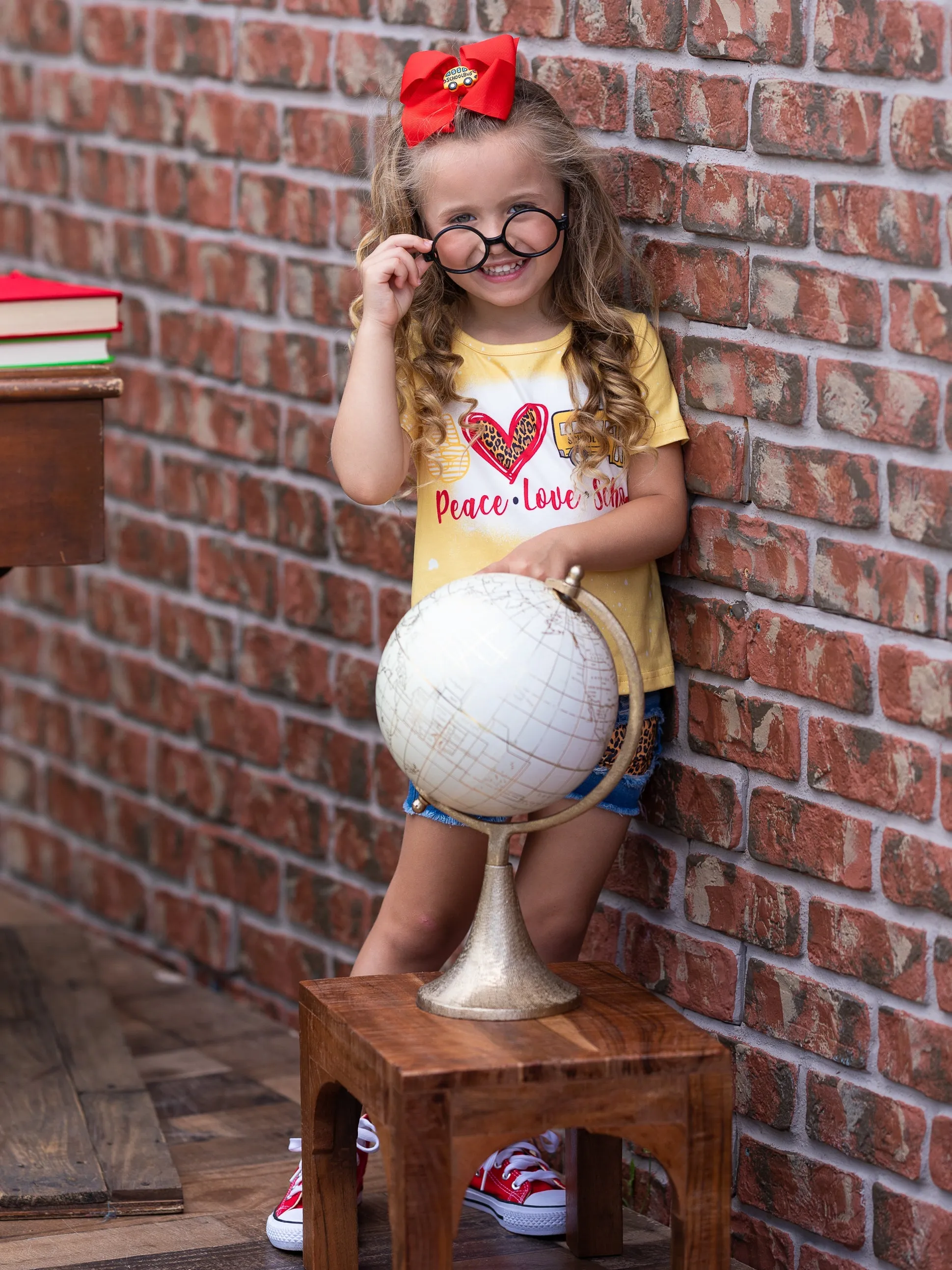 Peace, Love, School Leopard Patched Denim Short Set