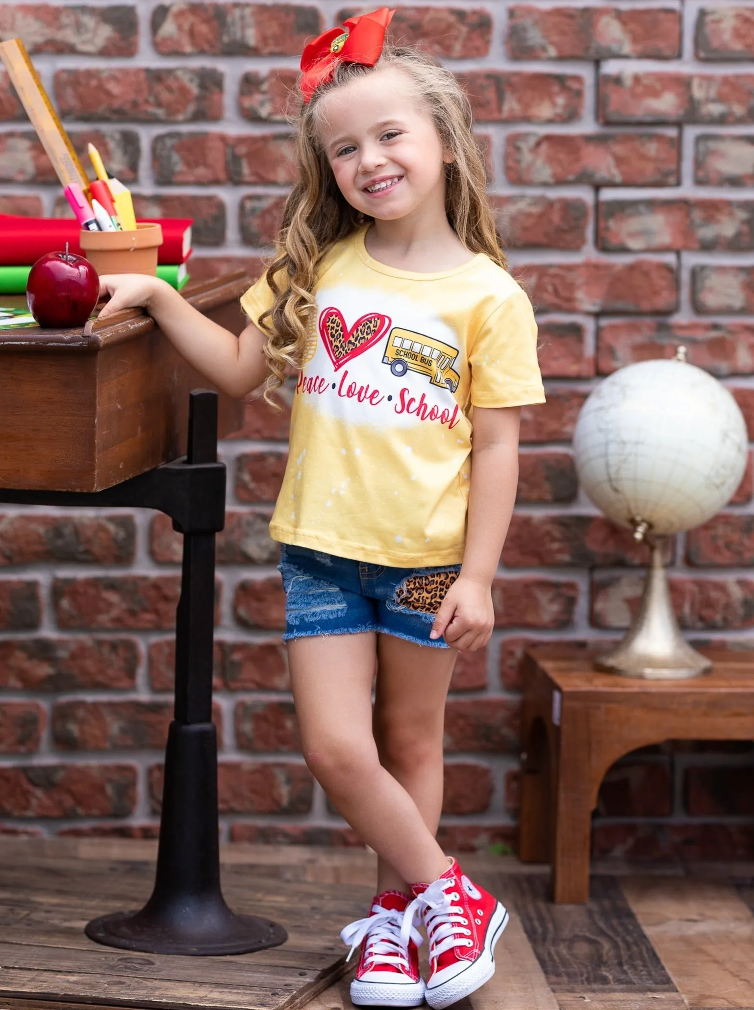 Peace, Love, School Leopard Patched Denim Short Set